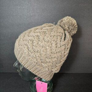 Isaac Mizrahi Beige Super Soft Ribbed Knit Pom Pom Beanie Fleece Lined Warm